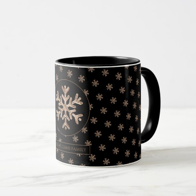 Snowflakes Pattern Black and Gold Christmas Mug (Front Right)