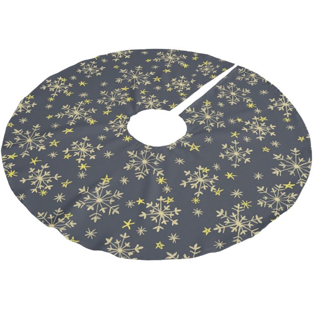 Snowflakes Pattern - Gold on Midnight Blue Brushed Polyester Tree Skirt (Angled)