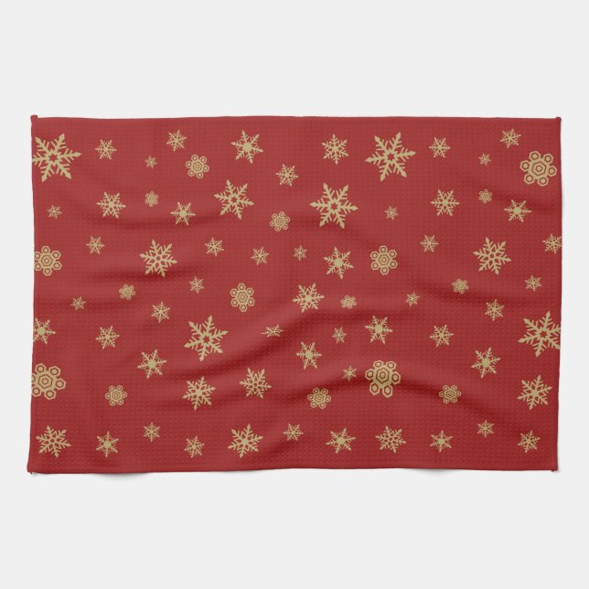 Snowflakes Pattern Gold on Red Kitchen Towel (Horizontal)