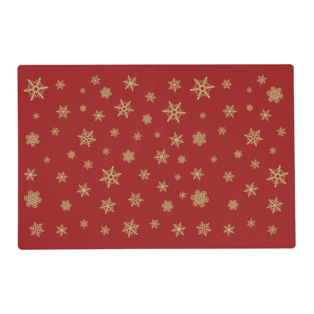 Snowflakes Pattern Gold on Red Placemat (Front)