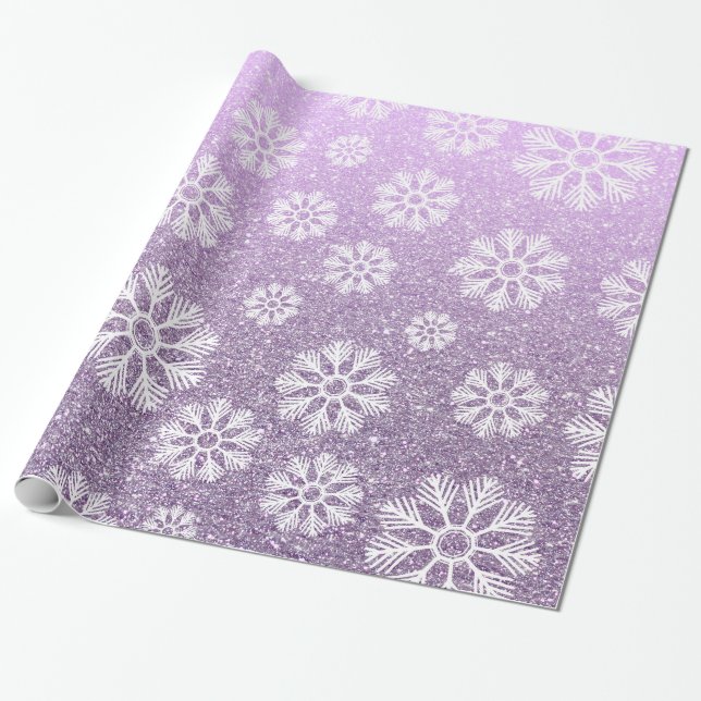 Snowflakes Pattern Holiday Lavender Faux Glitter Wrapping Paper (Unrolled)