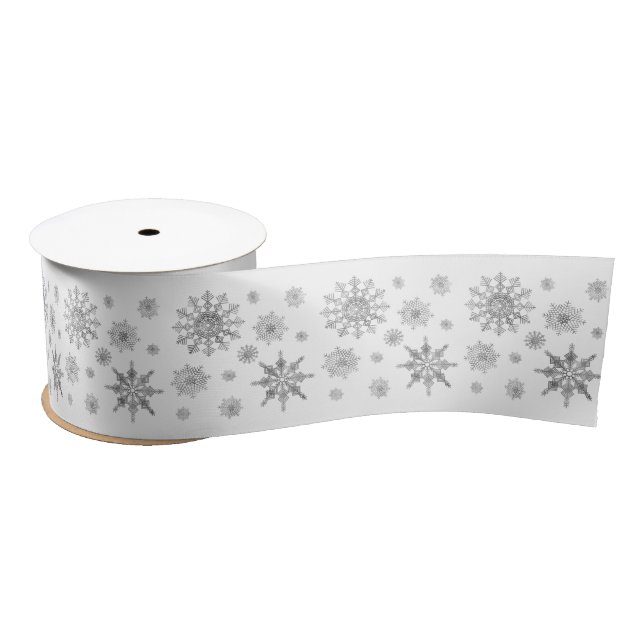 Snowflakes Pattern In Silver Gray Color Satin Ribbon (Spool)
