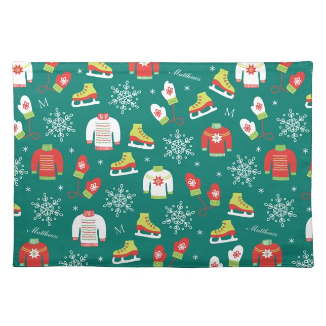 Snowflakes Pattern Monogram Teal Family Cloth Placemat (Front)