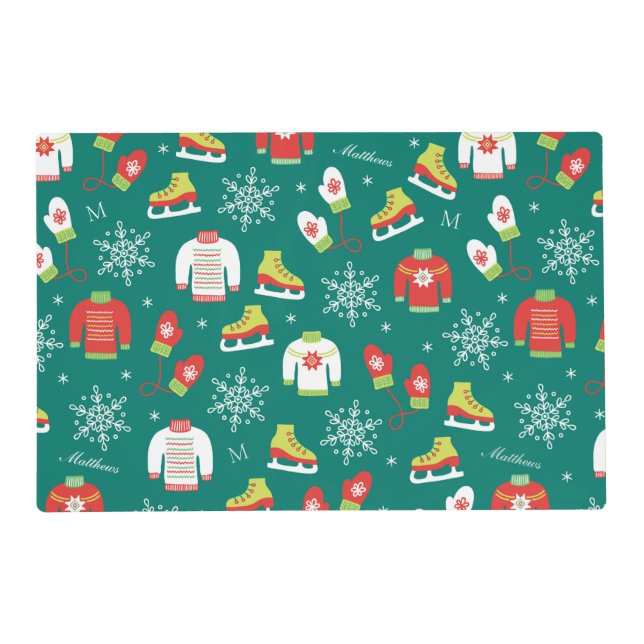 Snowflakes Pattern Monogram Teal Family Placemat (Front)