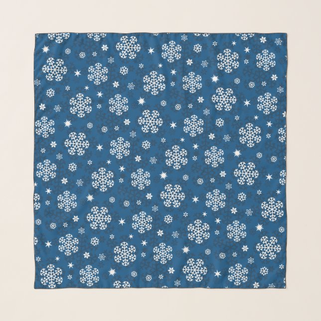 Snowflakes Pattern on Blue Scarf (Front (Horizontal))