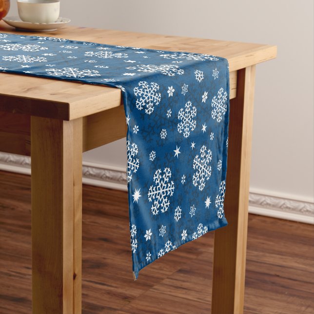 Snowflakes Pattern on Blue Short Table Runner (In Situ)