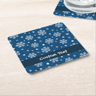 Snowflakes Pattern on Blue Square Paper Coaster