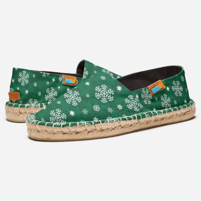 Snowflakes Pattern on Cadmium Green Espadrilles (Angled)