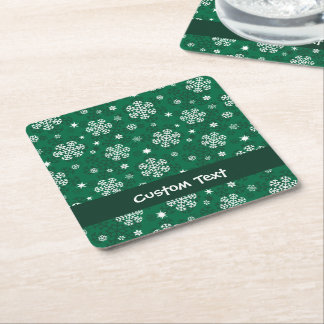 Snowflakes Pattern on Cadmium Green Square Paper Coaster