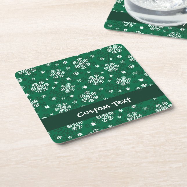 Snowflakes Pattern on Cadmium Green Square Paper Coaster (Angled)