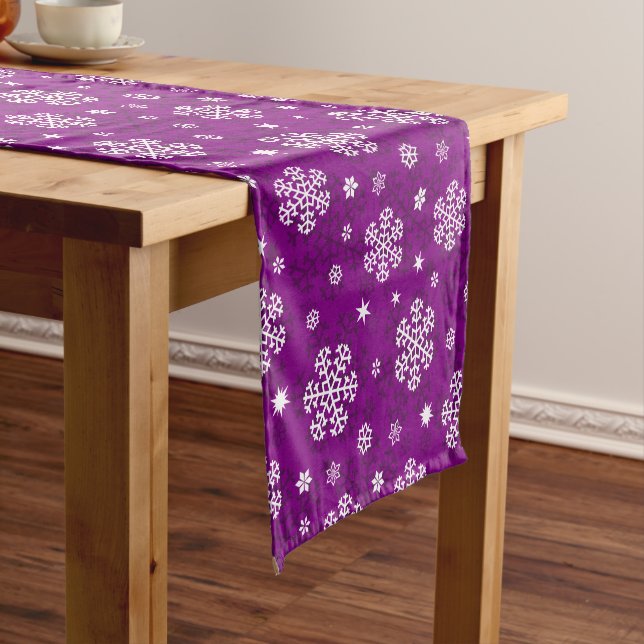 Snowflakes Pattern on Purple Short Table Runner (In Situ)