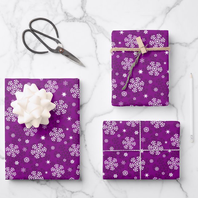 Snowflakes Pattern on Purple Wrapping Paper Sheets (Front)
