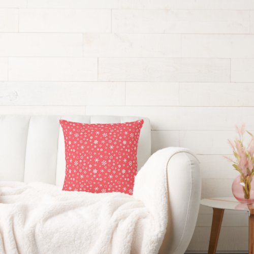 Snowflakes Pattern on Red Background Throw Pillow