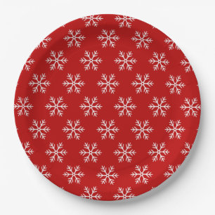 Snowflakes Pattern Red Christmas Paper Plates