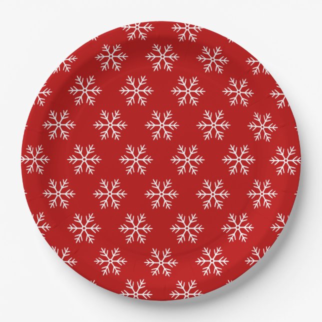 Snowflakes Pattern Red Christmas Paper Plates (Front)