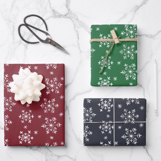Snowflakes pattern - red, emerald & midnight wrapping paper sheets (Front)