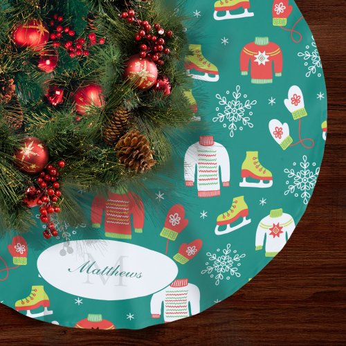 Snowflakes Pattern Teal Monogram Family Christmas Brushed Polyester Tree Skirt