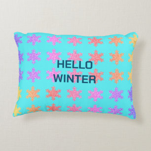 Snowflakes Patterns Hello Winter Typography Blue Accent Pillow