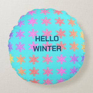 Snowflakes Patterns Hello Winter Typography Blue Round Pillow