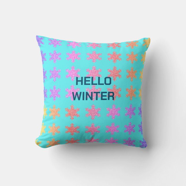Snowflakes Patterns Hello Winter Typography Blue Throw Pillow (Front)