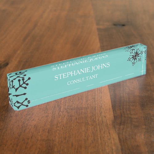 Snowflakes Patterns Winter Christmas Teal Blue Desk Name Plate