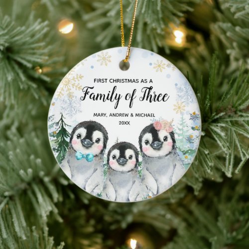 Snowflakes Penguin 1st Christmas as a Family of 3 Ceramic Ornament