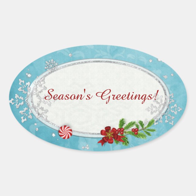 Snowflakes & Peppermint Holiday PERSONALIZED Oval Sticker (Front)