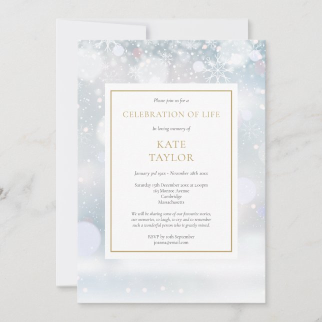 Snowflakes Photo Funeral Celebration of Life  Invitation (Front)