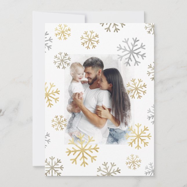 Snowflakes Photo Gold Silver Script Christmas Holiday Card (Front)