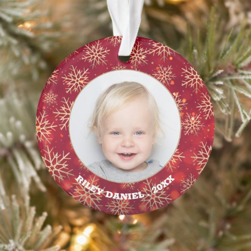 What Christmas looks like in 2026 - Pink Dramatic personalized gifts for you Snowflakes Photo Red Acrylic Ornament – populair kerstcadeau en kerstdecoratie 2026