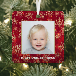 Snowflakes Photo Red Metal Ornament