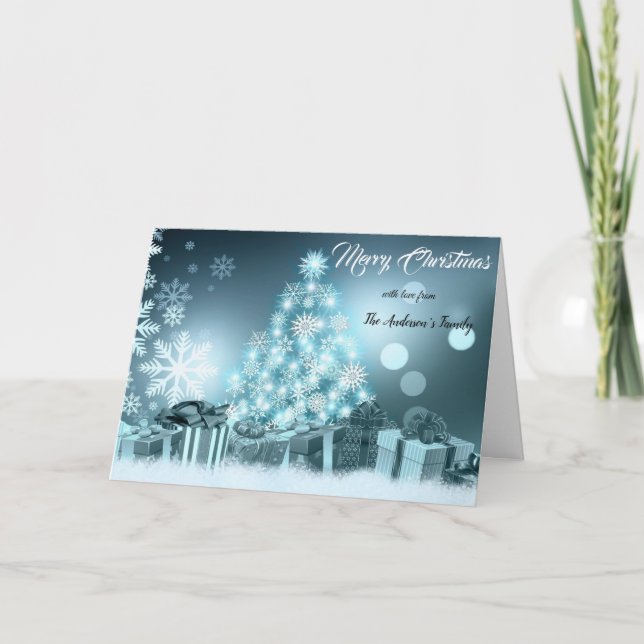 Snowflakes Pine tree Light Blue Merry Christmas Card (Front)