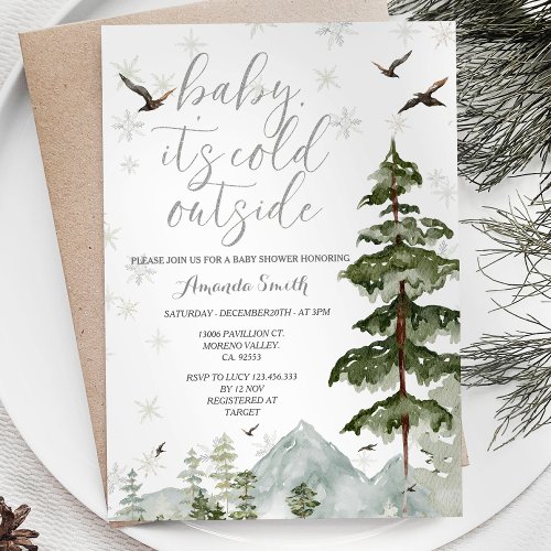 Snowflakes Pine Trees Cold Outside Baby Shower  Invitation