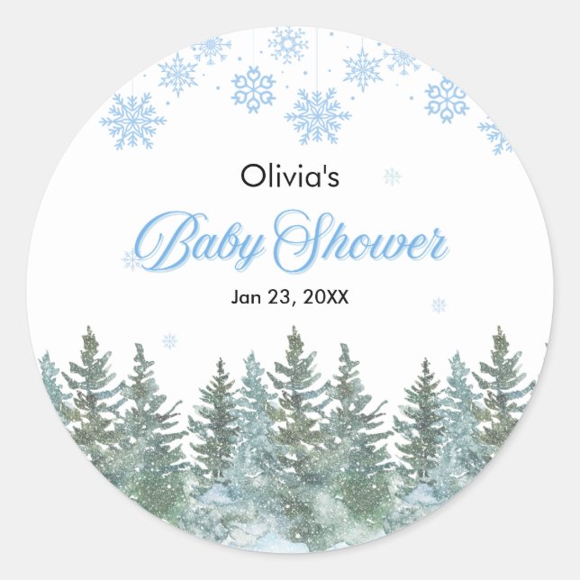 Snowflakes Pine Trees Winter Baby Shower  Classic Round Sticker (Front)