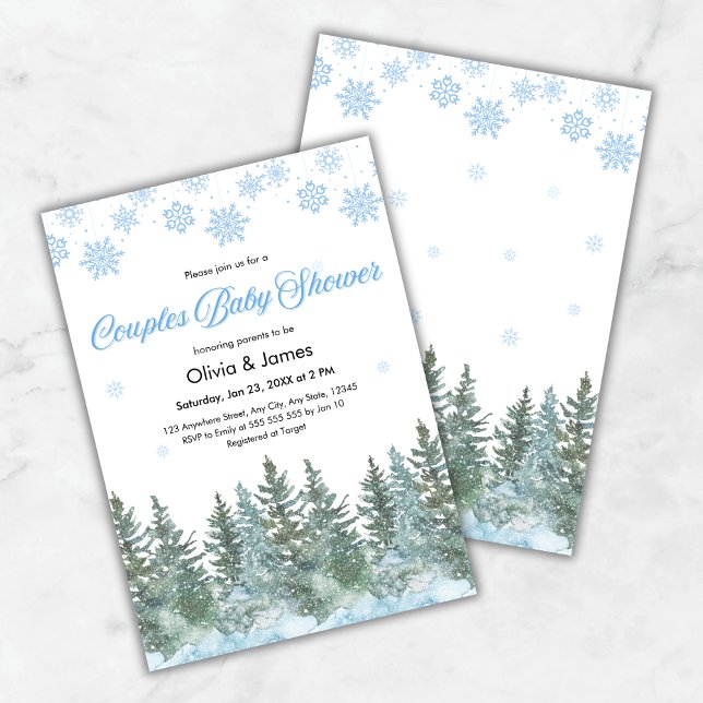 Snowflakes Pine Trees Winter Couples Baby Shower Invitation (Snowflakes Pine Trees Winter Couples Baby Shower Invitation  )