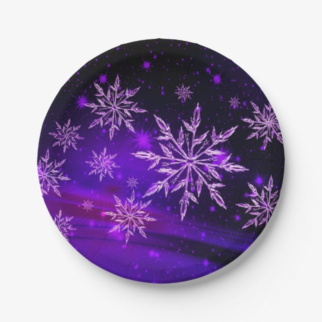 Snowflakes pink and purple winter snowflake paper plates (Front)