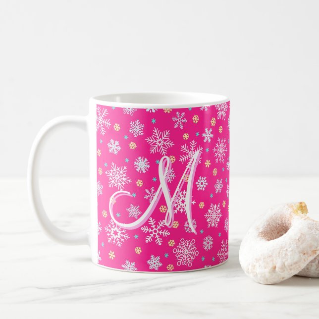 Snowflakes Pink Hot Pink Modern Chic Monogram Coffee Mug (With Donut)