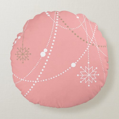 Snowflakes pink mid century elegant winter cute round pillow