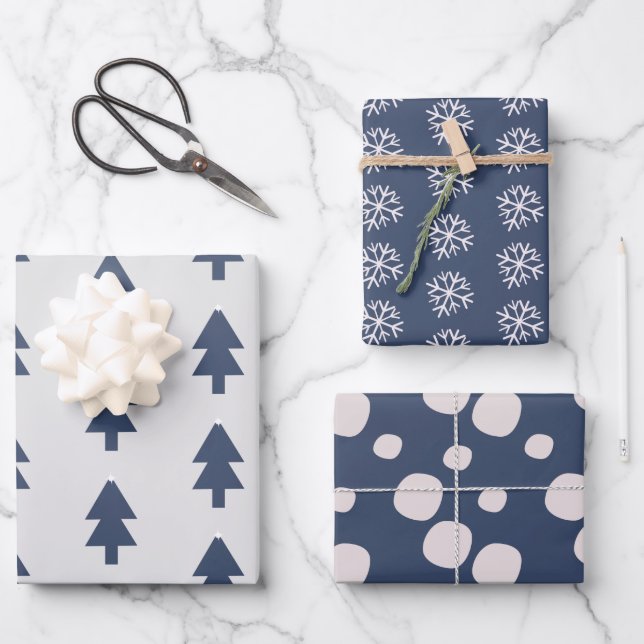 Snowflakes Pink Navy Christmas Tree Snow Snowflake Wrapping Paper Sheets (Front)
