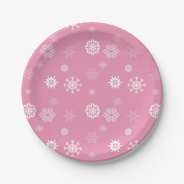 Snowflakes Pink Paper Plates (Front)