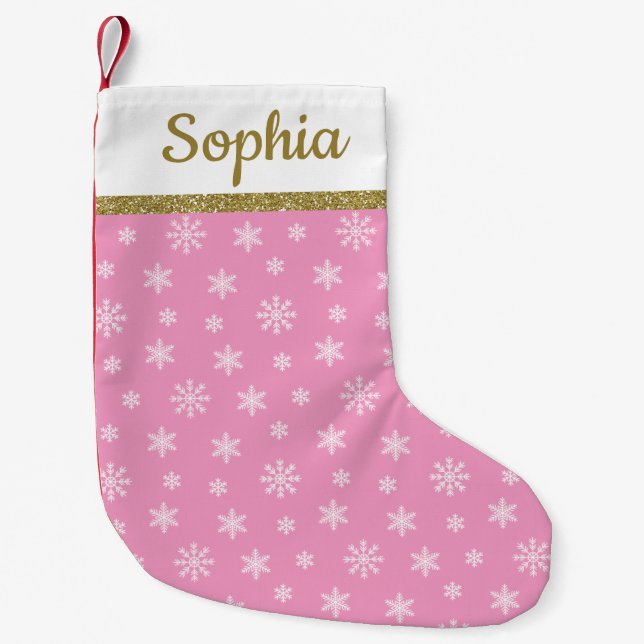 Snowflakes Pink pattern personalized name Small Christmas Stocking (Front)