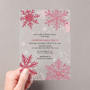 Snowflakes Pink Red Christmas Winter Bridal Shower Acrylic Invitations