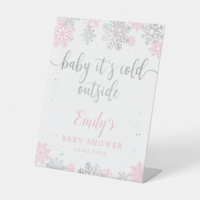 Snowflakes Pink Silver Baby Shower Welcome  Pedestal Sign (Front)
