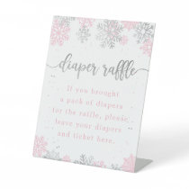 Snowflakes Pink Silver Diaper Raffle Baby Shower Pedestal Sign