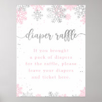 Snowflakes Pink Silver Diaper Raffle Baby Shower Poster