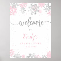 Snowflakes Pink Silver Girl Baby Shower Welcome Poster