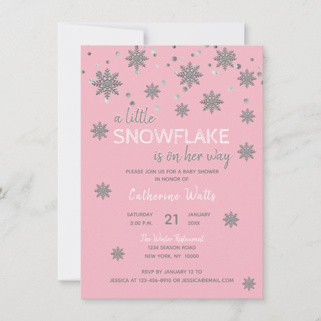Snowflakes Pink Silver Grey BABY SHOWER | Girl Invitation (Front)
