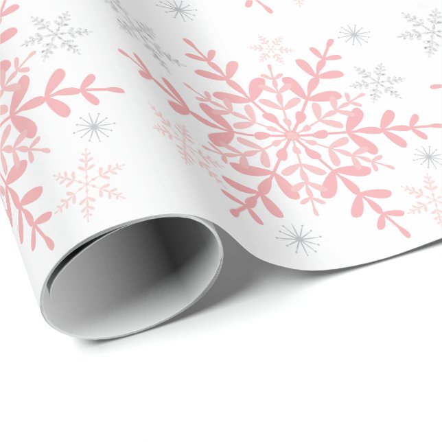 Snowflakes Pink Silver Winter Baby Shower Wrapping Paper (Roll Corner)