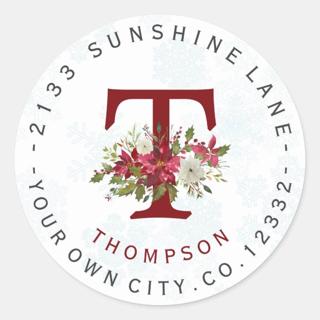 Snowflakes Poinsettia Monogram Address Label (Front)