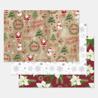 Snowflakes Poinsettias and Santa Claus Wrapping Paper Sheets